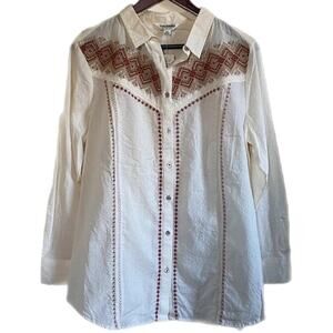 Tantrums Women's Ivory Embroidered Boho Western Button Down Shirt, Size XL